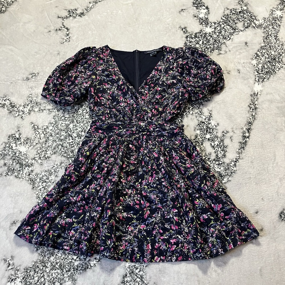 French Connection Ditsy Floral V Neck Puff Sleeve Mini Dress Womens Size 4 NWOT
